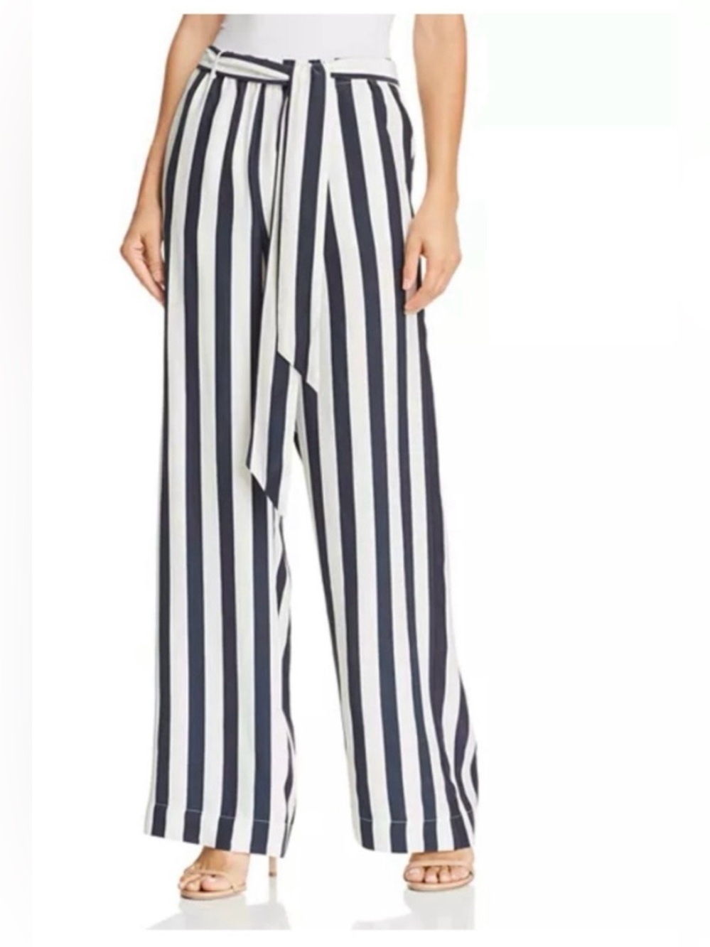 FRAME Silk Navy/Cream Wide Leg Belted Pants Size L - Picture 1 of 7